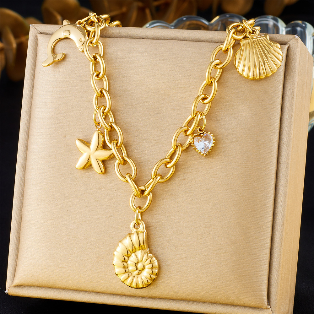 European and American style ocean series chunky chain starfish shell dolphin conch stainless steel necklace