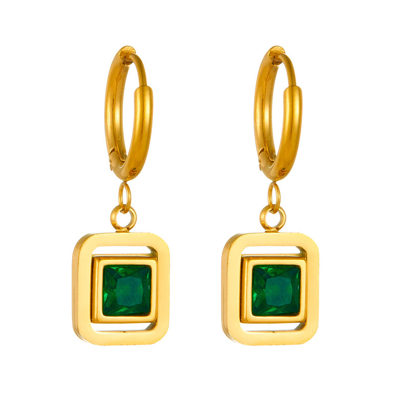 Cross-border fashion, retro style, square emerald geometric diamond-encrusted stainless steel earrings/studs