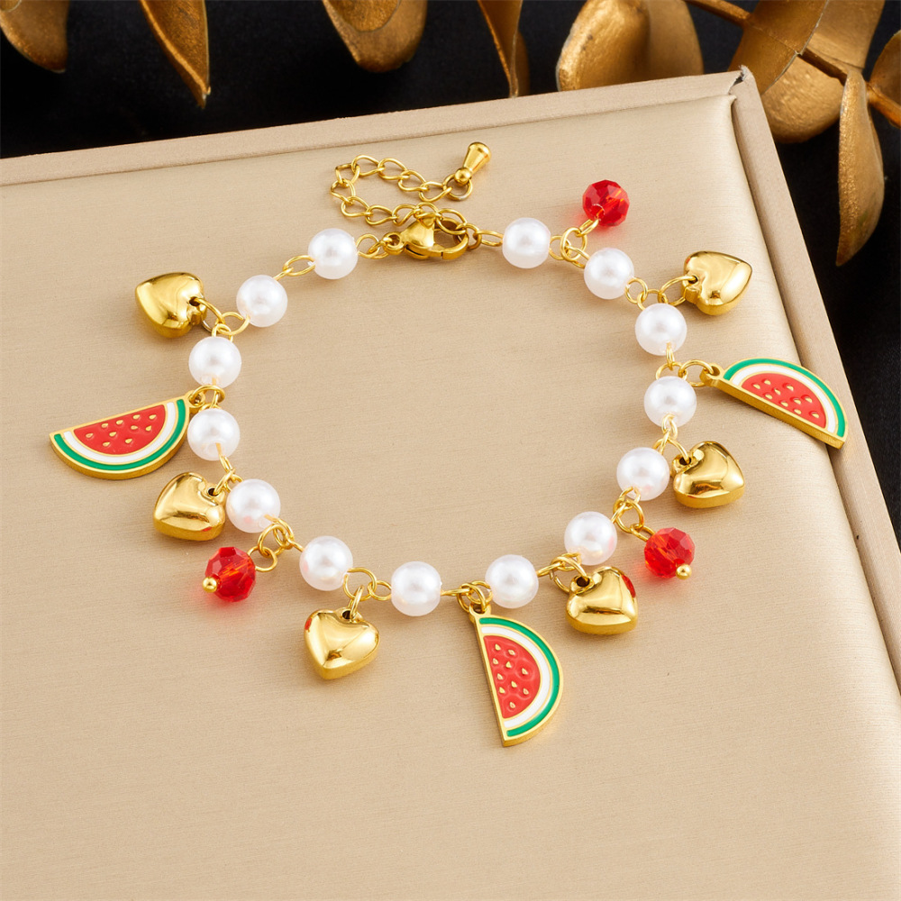 Korean-style fashionable and sweet design fruit series pearl chain gold-plated strawberry cherry watermelon pendant bracelet