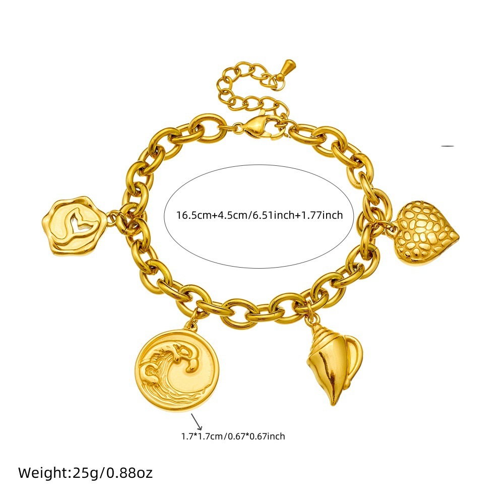 New European and American style gold-plated retro fashion round pendant with wave, conch, and fishtail design, stainless steel jewelry for women's bracelets.