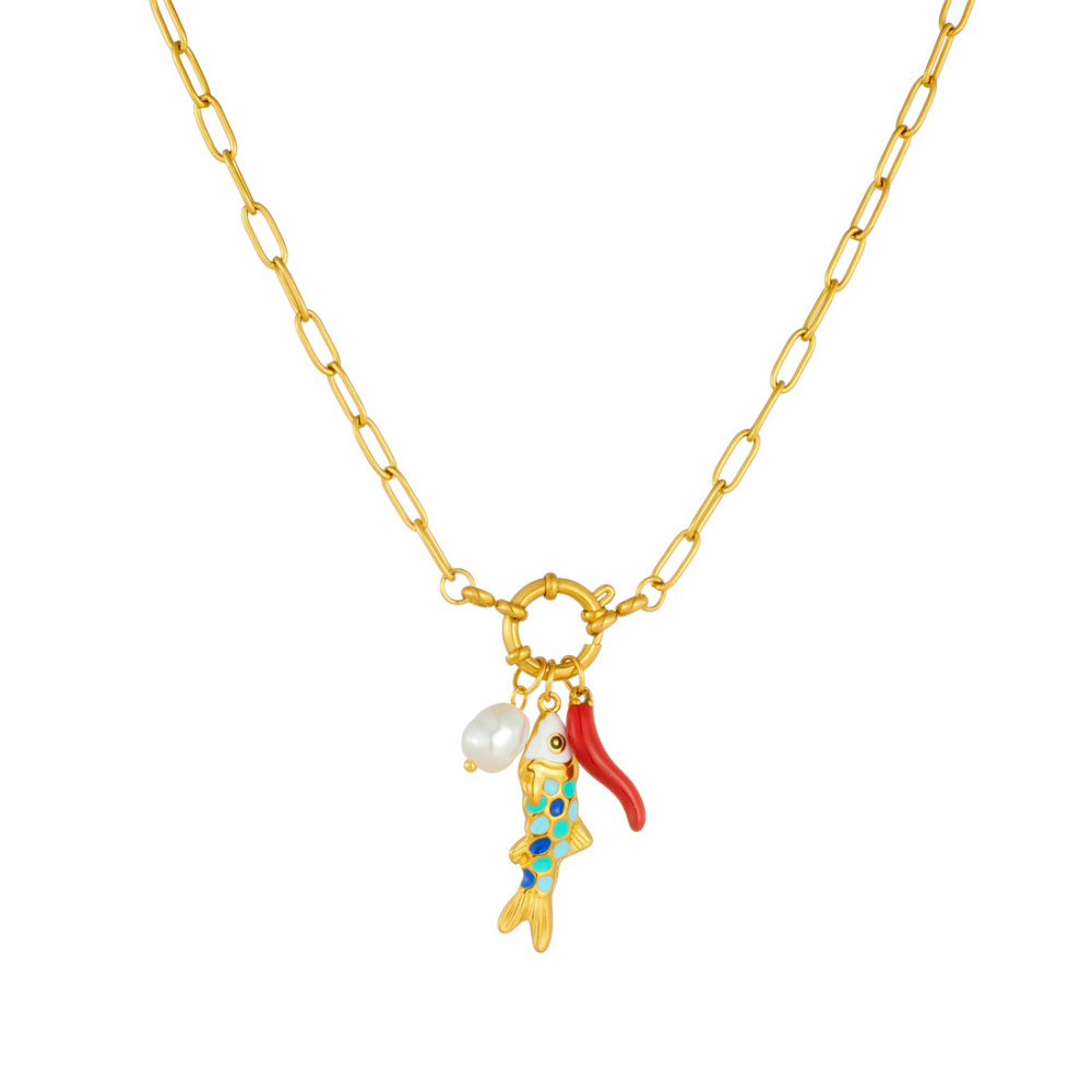 Niche Fashion Ocean Cartoon Colorful Oil-Drip Fish Pendant, Faux Pearl Chili Pepper Pendant, Round Spring Clasp Necklace