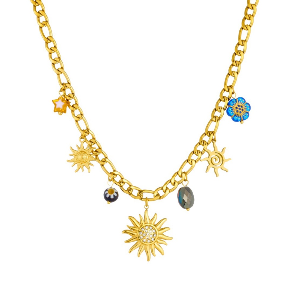 Cross-border niche retro fashion diamond-encrusted gold-plated sun pendant chain with colorful acrylic accessories jewelry set