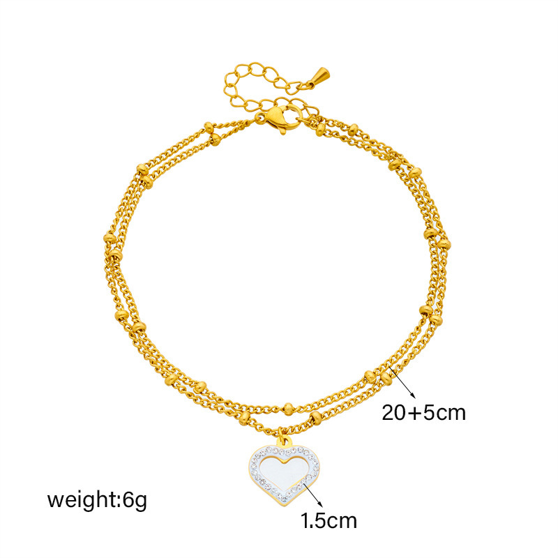 Korean style, fashionable, simple beach-inspired metal beaded double-layer chain with diamond-encrusted heart pendant, titanium steel anklet.