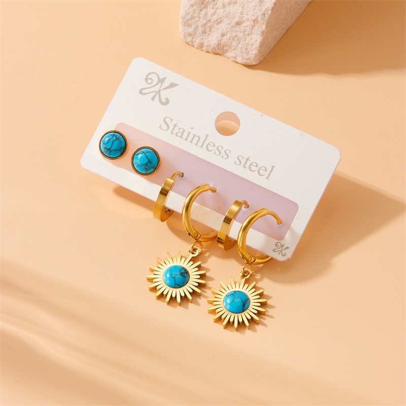 European and American style retro versatile round blue turquoise pendant stainless steel three-piece earring set