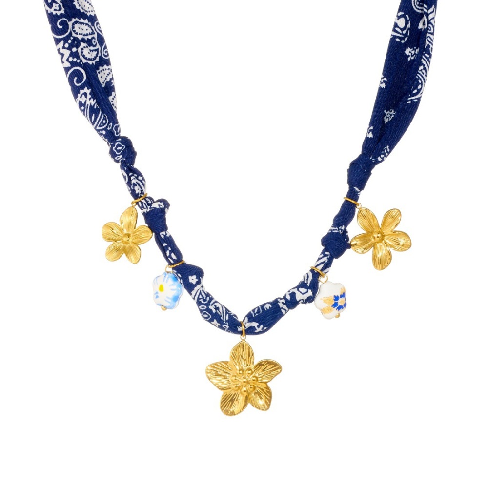Elegant retro blue printed fabric ribbon chain ceramic painted flower gold-plated pendant jewelry set