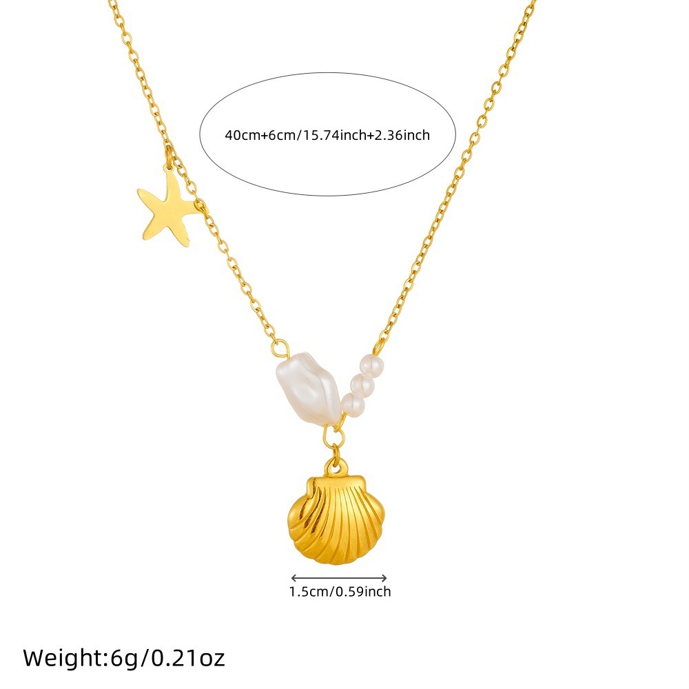 Korean style, fashionable, creative, simple, irregular pearl, starfish, and scallop pendant, stainless steel chain, gold-plated necklace.