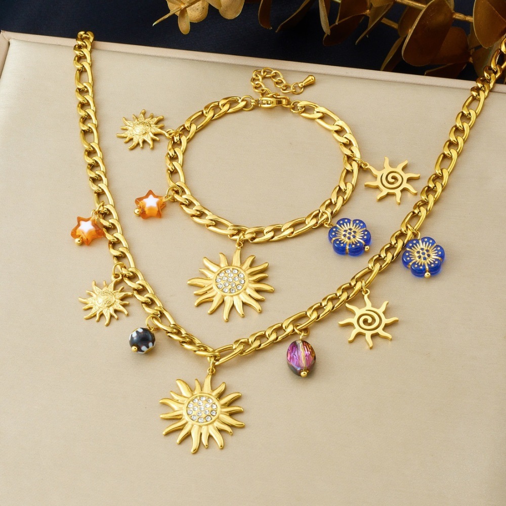 Cross-border niche retro fashion diamond-encrusted gold-plated sun pendant chain with colorful acrylic accessories jewelry set