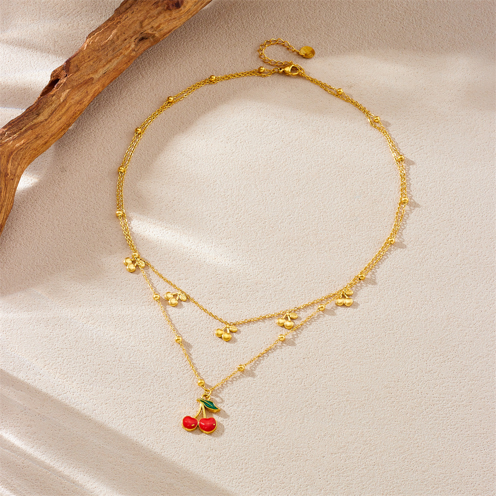 Cross-border fashion layered double chain red drip cherry fruit pendant stainless steel clavicle necklace
