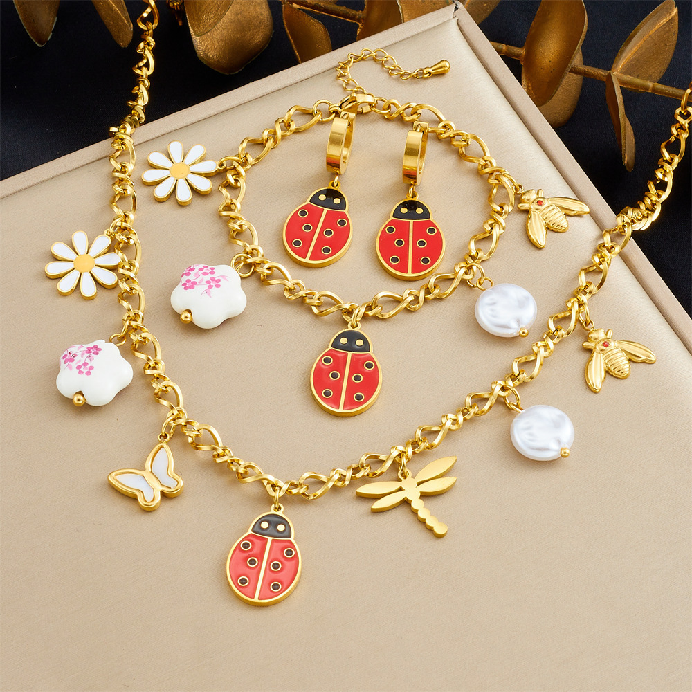 Korean Style Fashionable Creative Cartoon Multi-Element Accessories Insect Dripping Flowers Dragonfly Ladybug Stainless Steel Jewelry Set