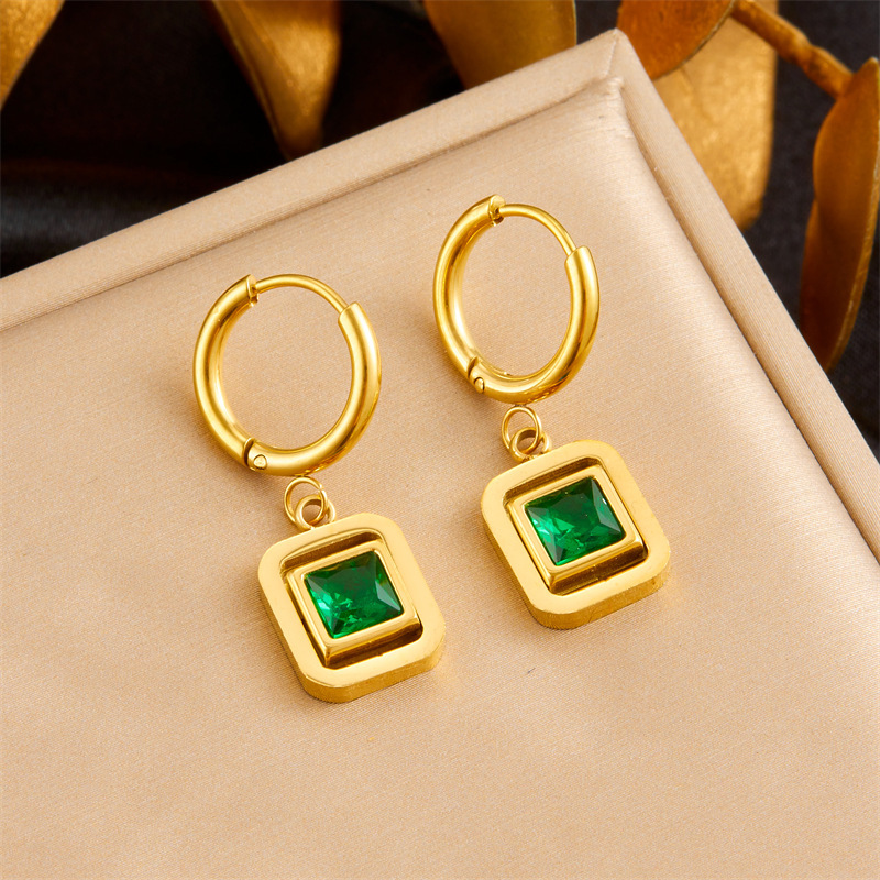 Cross-border fashion, retro style, square emerald geometric diamond-encrusted stainless steel earrings/studs