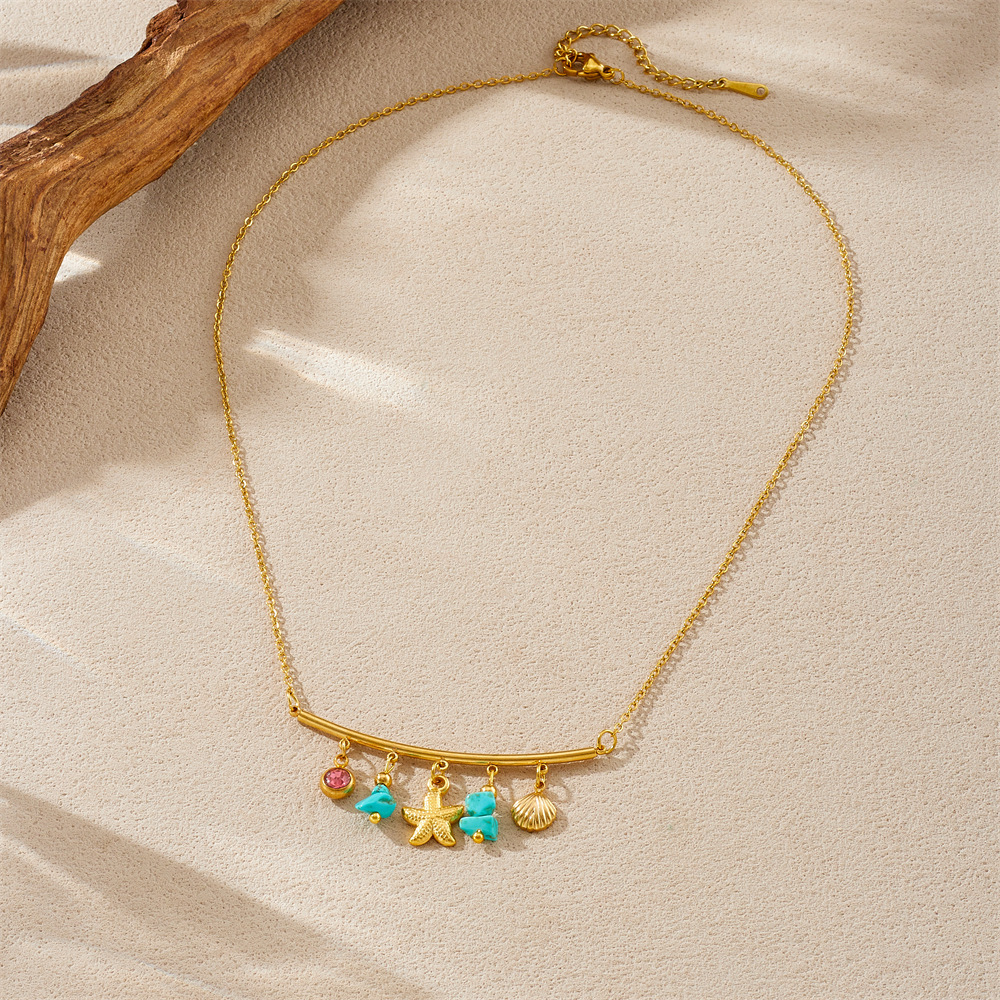 Korean-style trendy and unique bohemian blue diamond-encrusted round gold-plated starfish shell necklace