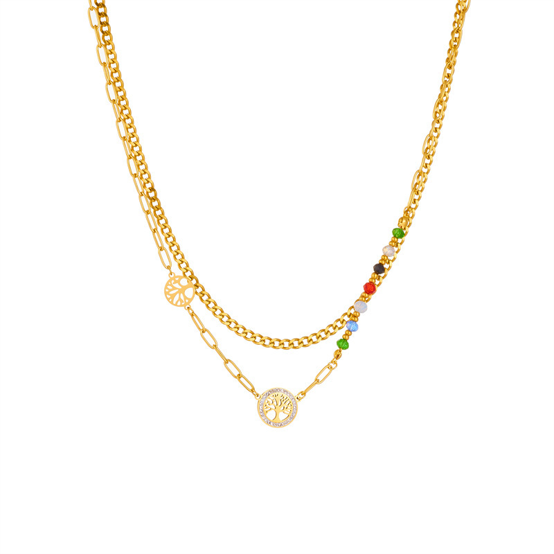European and American fashion niche design irregular retro colorful beaded tree of life pendant accessories titanium steel double layer necklace
