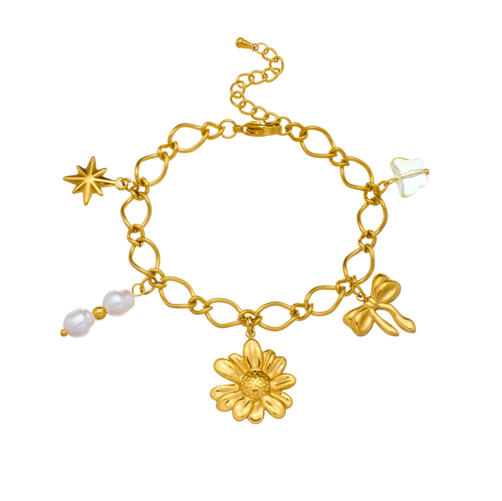 Cross-border fashion retro pearl pendant gold-plated bow flower accessory chain stainless steel bracelet