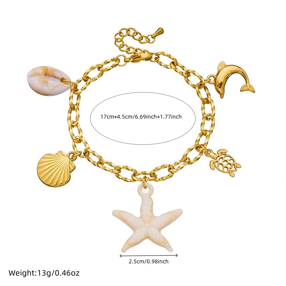 Fashionable, creative, and unique ocean-themed series of starfish, scallop, turtle, and dolphin pendants with chunky chains and stainless steel bracelets.