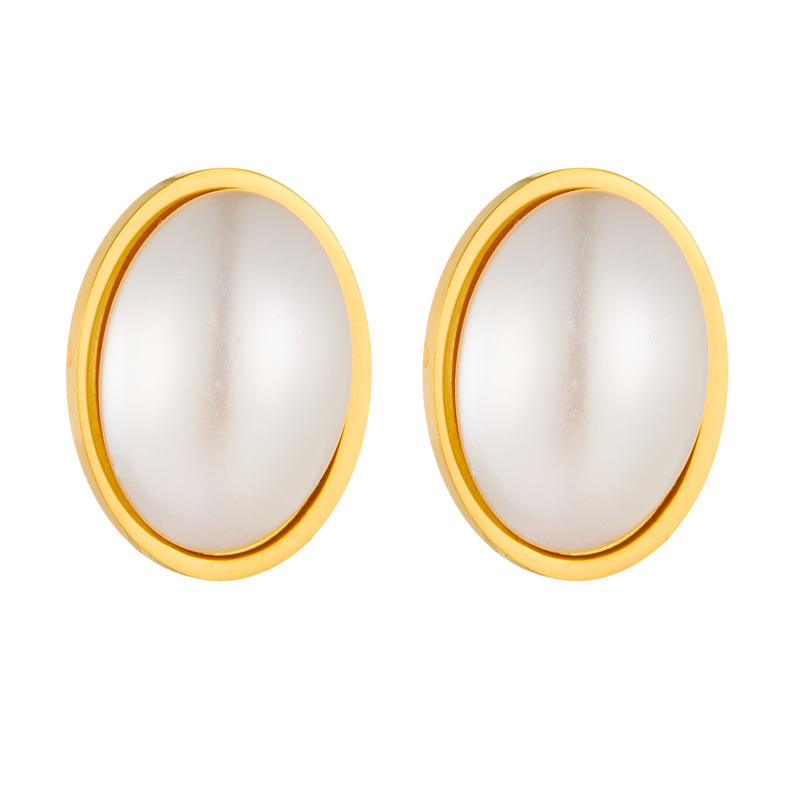 European and American style, simple, retro, versatile oval pearl stainless steel gold-plated geometric earrings