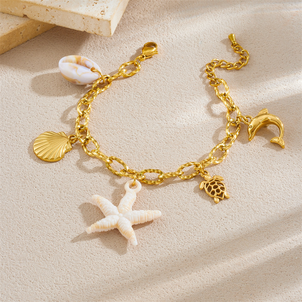 Fashionable, creative, and unique ocean-themed series of starfish, scallop, turtle, and dolphin pendants with chunky chains and stainless steel bracelets.