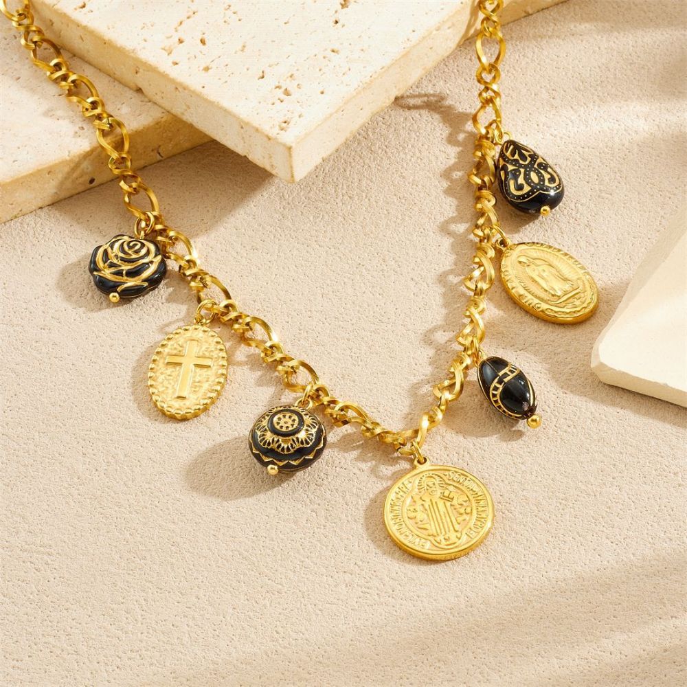 European and American style light luxury court style black and gold color blocking round plaque embossed portrait cross acrylic flower set