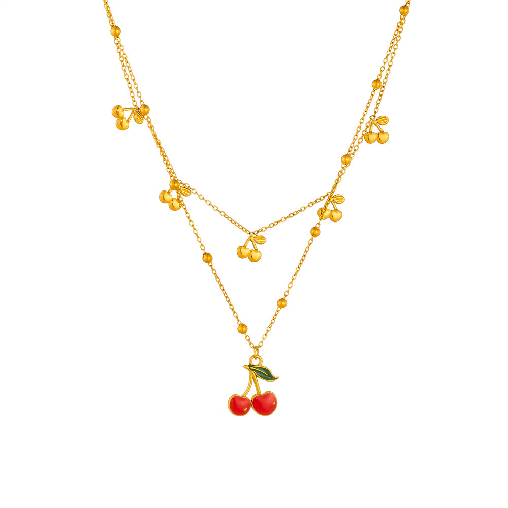 Cross-border fashion layered double chain red drip cherry fruit pendant stainless steel clavicle necklace