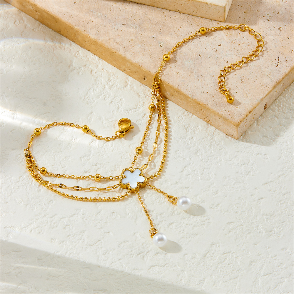 Korean style, trendy, unique, versatile pearl, shell, flower, tassel, chain, multi-layer stainless steel jewelry anklet.