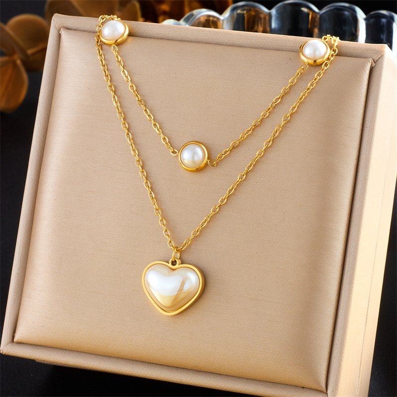 European and American style retro light yellow pearl heart pendant double-layer stainless steel gold-plated jewelry necklace