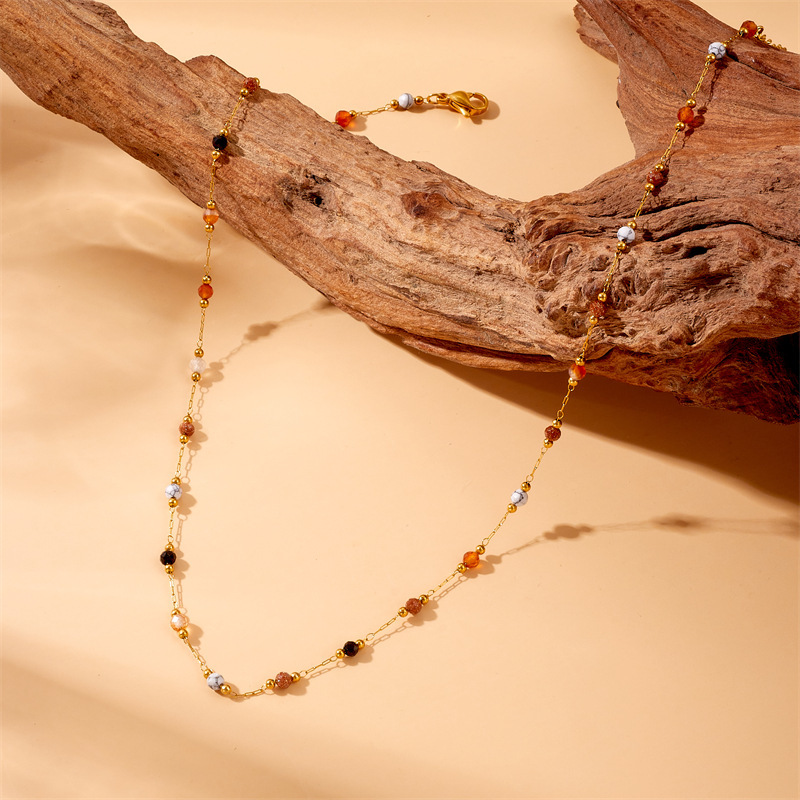 European and American style retro ethnic style colorful stone beaded chain stainless steel bracelet necklace anklet set