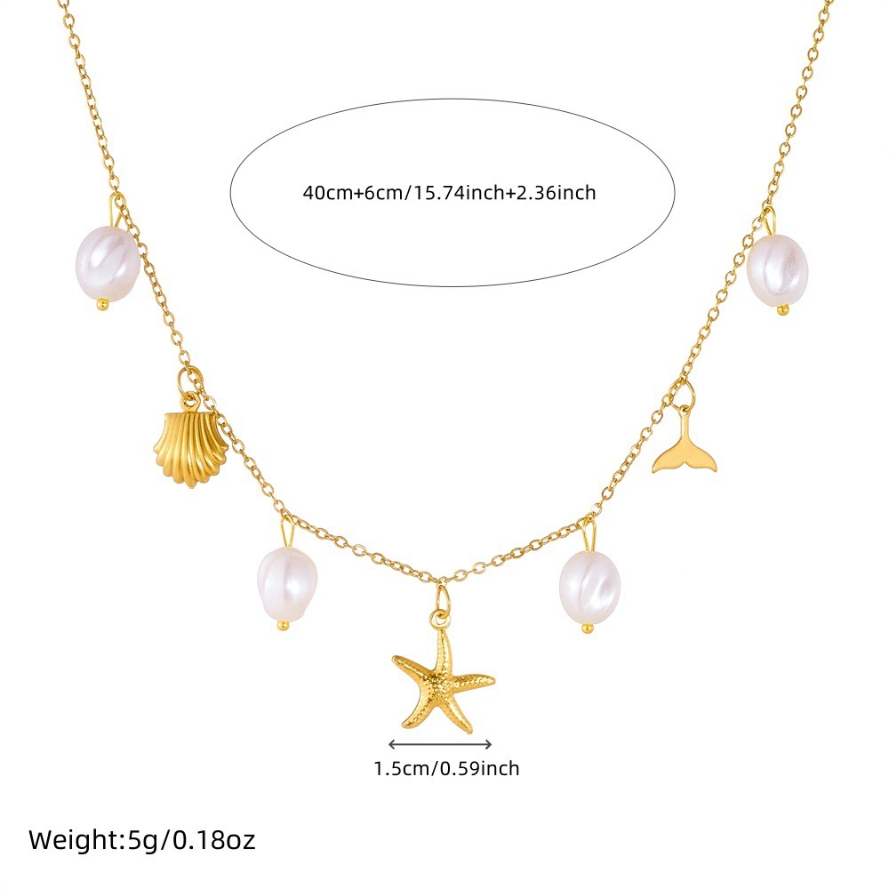 Fashionable, cross-border, simple, versatile, irregular pearl pendant, gold-plated starfish tail shell pendant, stainless steel necklace.