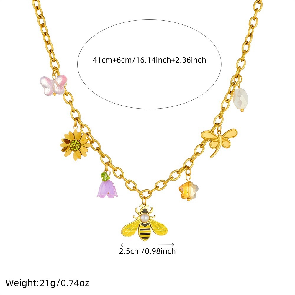Fashionable new cross-border style pastoral style multi-element dripping cartoon bee sunflower dragonfly pendant stainless steel necklace