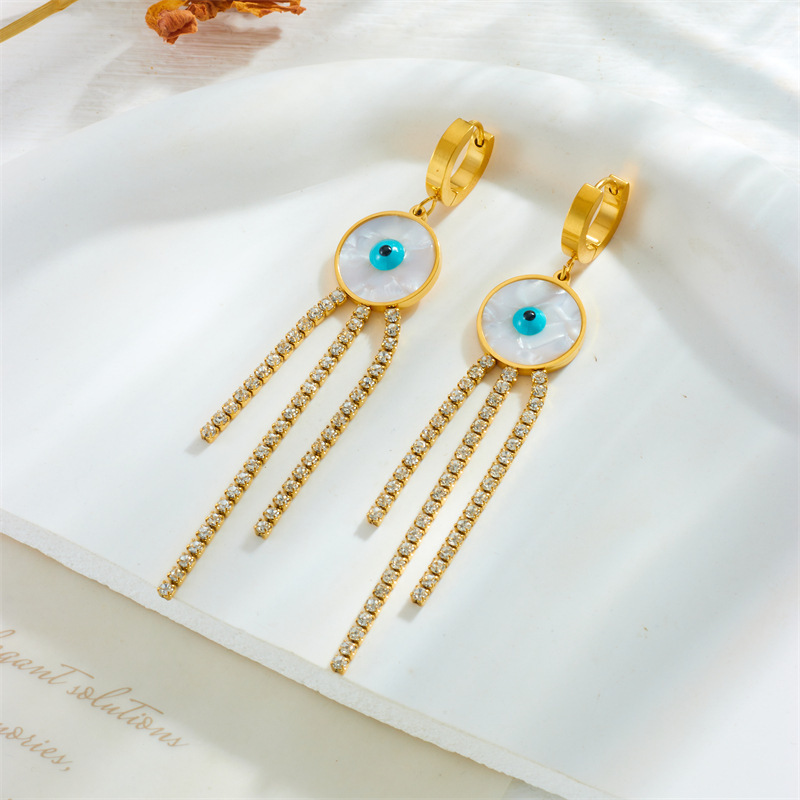 Fashionable, niche, minimalist, elegant, and subtly luxurious round seashell blue eye-shaped diamond chain tassel earrings.