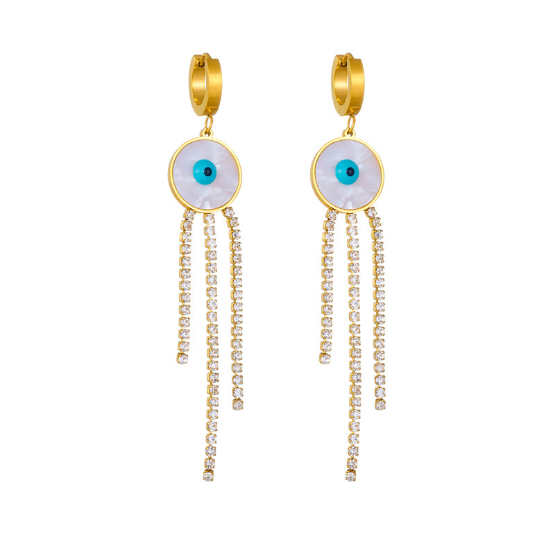 Fashionable, niche, minimalist, elegant, and subtly luxurious round seashell blue eye-shaped diamond chain tassel earrings.