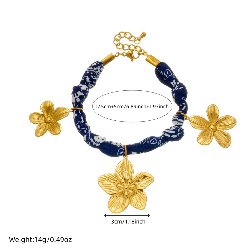 Elegant retro blue printed fabric ribbon chain ceramic painted flower gold-plated pendant jewelry set