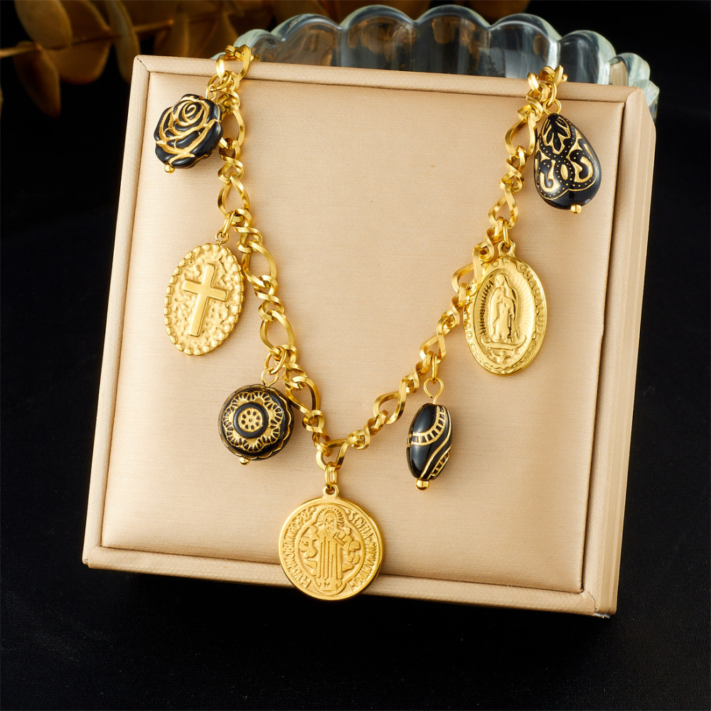 European and American style light luxury court style black and gold color blocking round plaque embossed portrait cross acrylic flower set