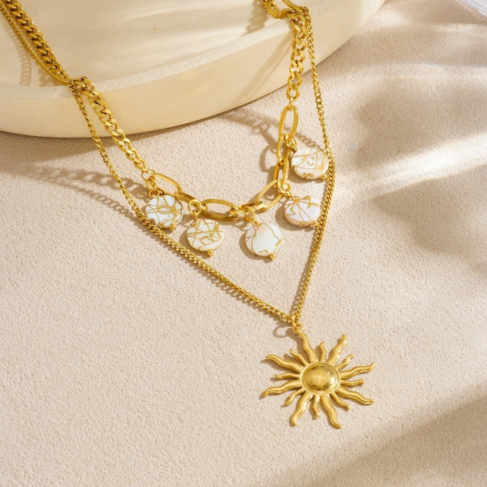 Cross-border fashion retro stainless steel sun-plated gold pendant geometric round pendant double-layer necklace