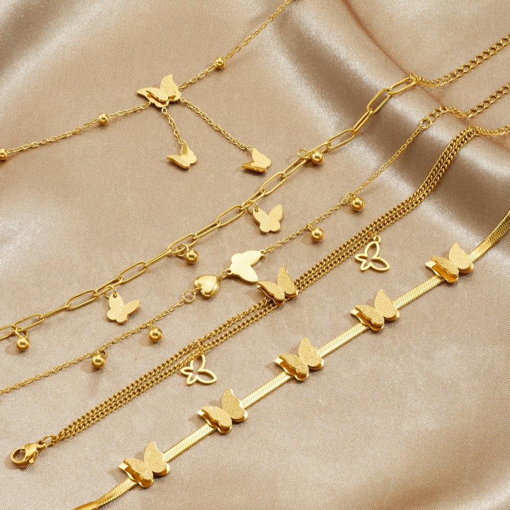 Korean style trendy frosted 3D butterfly gold-plated bracelet, versatile everyday accessory, stainless steel jewelry.
