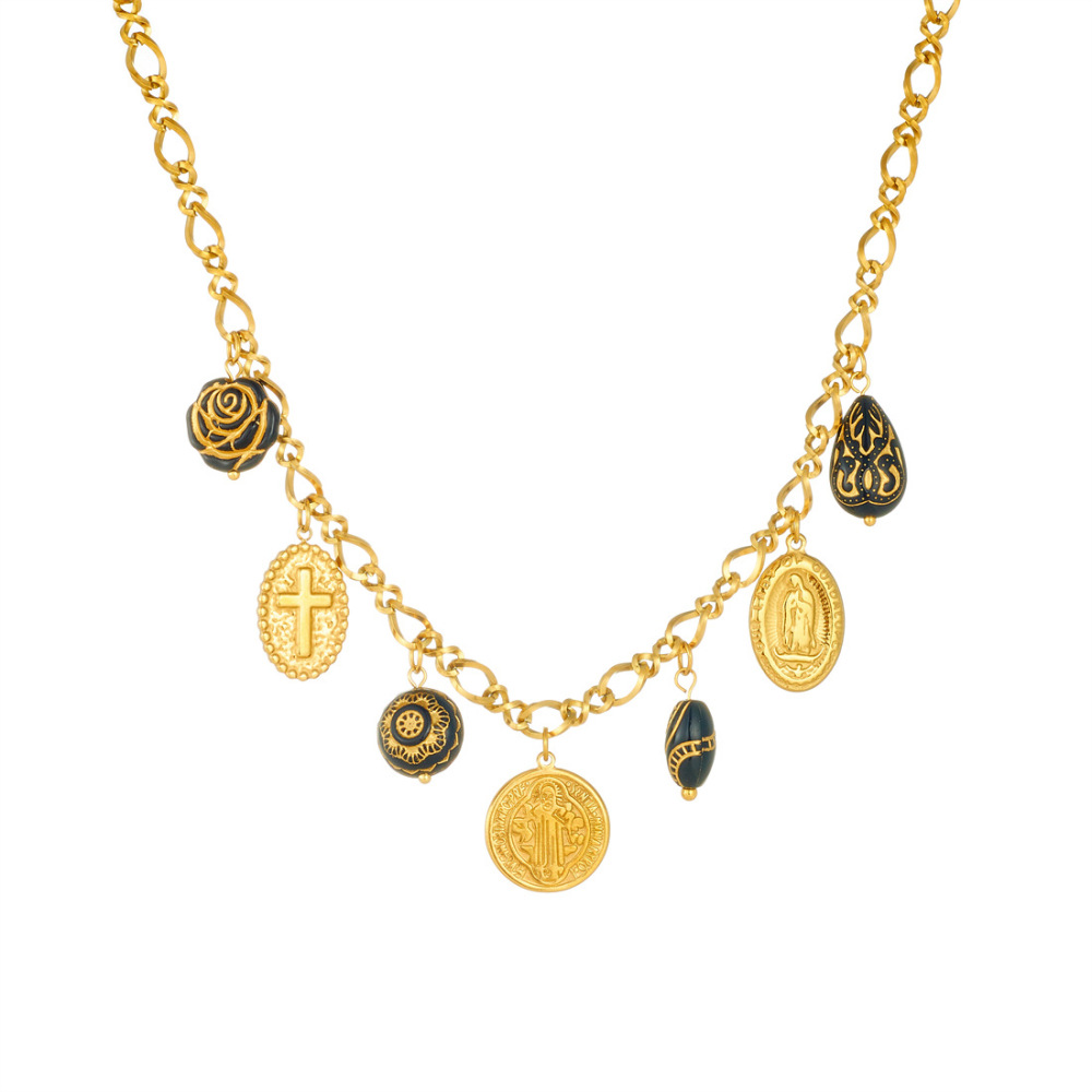 European and American style light luxury court style black and gold color blocking round plaque embossed portrait cross acrylic flower set