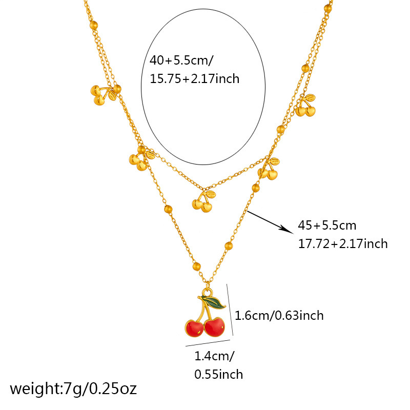 Cross-border fashion layered double chain red drip cherry fruit pendant stainless steel clavicle necklace