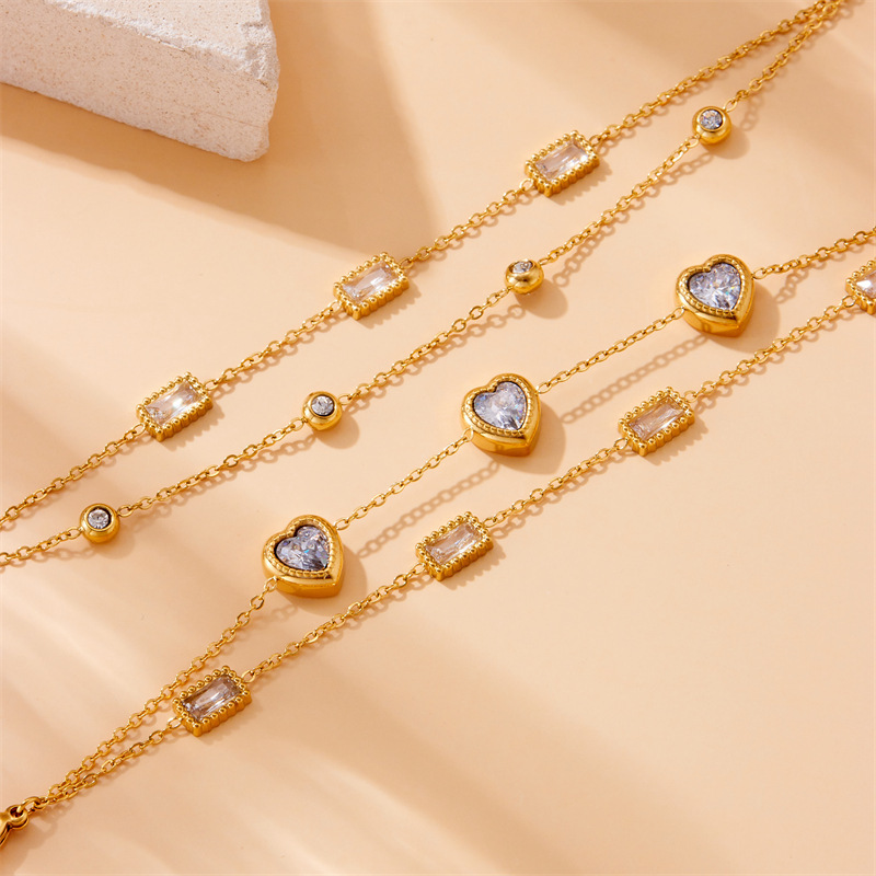 European and American style minimalist niche rhinestone-encrusted square heart double-layered stainless steel chain jewelry bracelet
