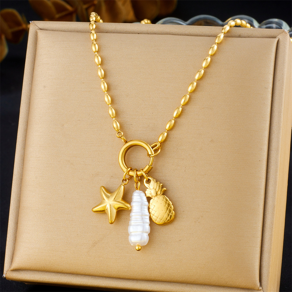 Cross-border fashion creative personalized round buckle gold-plated starfish pineapple fruit pendant stainless steel bead chain necklace
