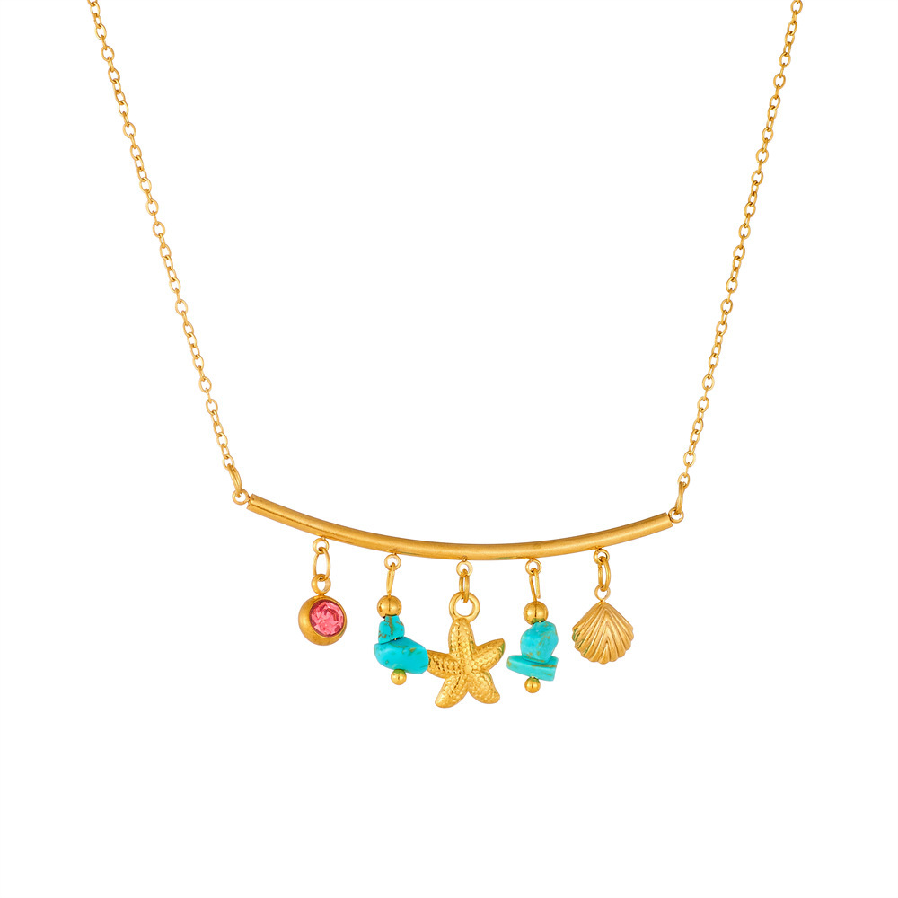 Korean-style trendy and unique bohemian blue diamond-encrusted round gold-plated starfish shell necklace