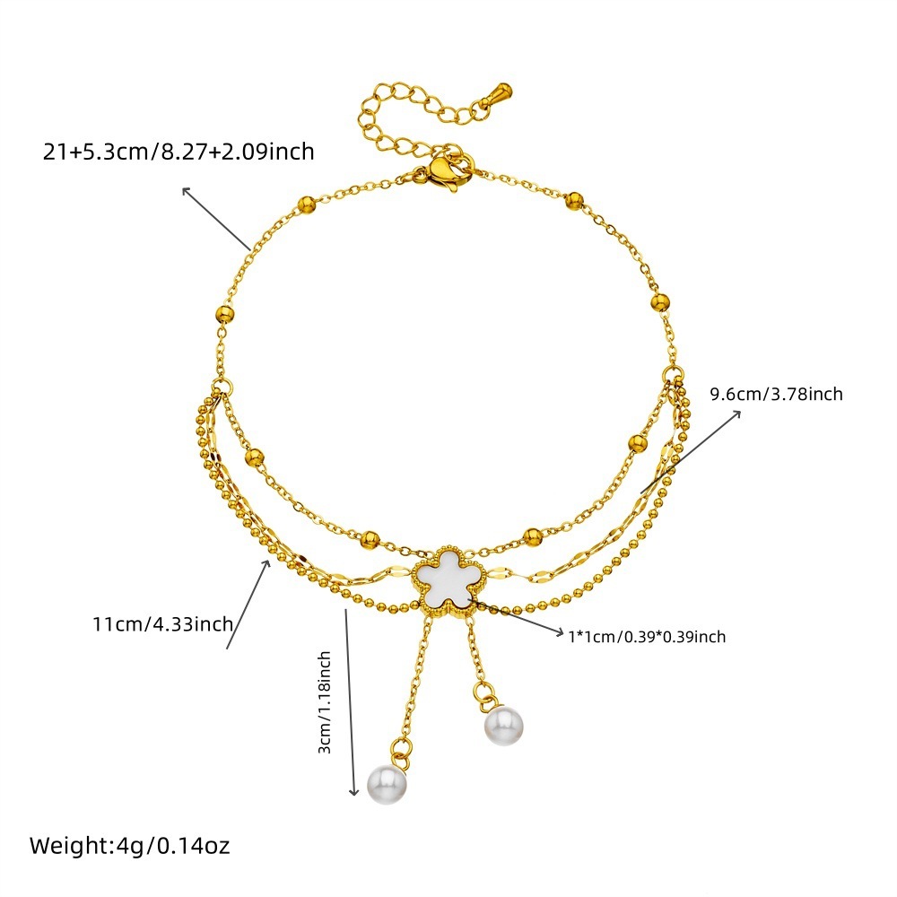 Korean style, trendy, unique, versatile pearl, shell, flower, tassel, chain, multi-layer stainless steel jewelry anklet.
