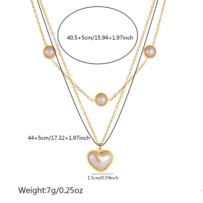 European and American style retro light yellow pearl heart pendant double-layer stainless steel gold-plated jewelry necklace