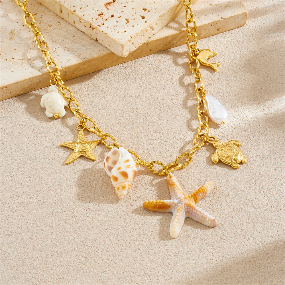 Cross-border Fashion Ocean Series Beach Vacation Starfish, Conch, Turtle Gold-plated Pendant Chain Stainless Steel Necklace