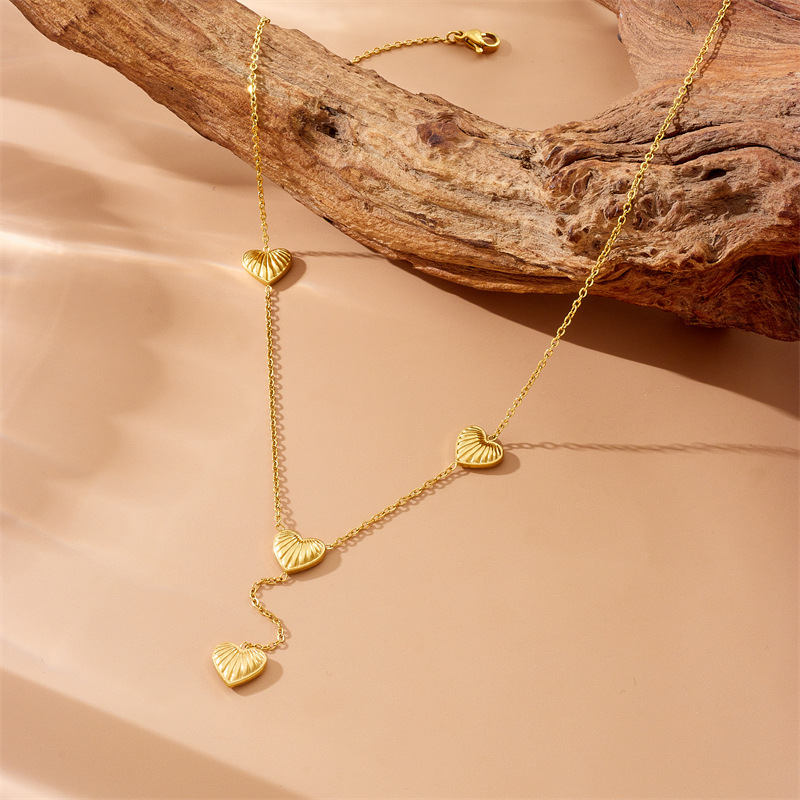 Cross-border fashion minimalist commuter striped heart tassel chain long stainless steel pendant jewelry necklace