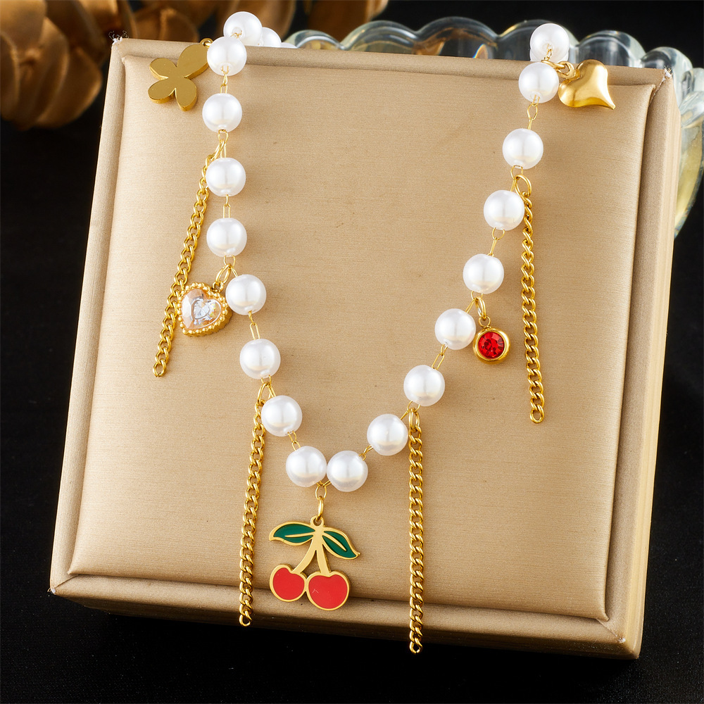 Korean style sweet and elegant pearl chain tassel drip cherry heart butterfly pendant necklace