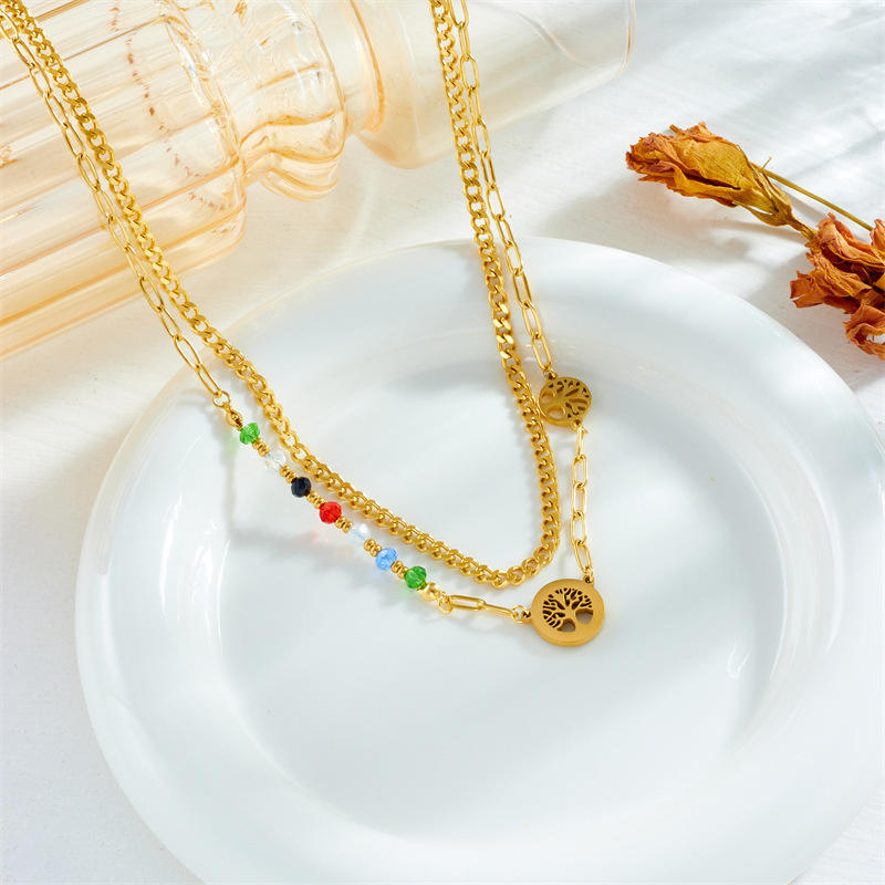 European and American fashion niche design irregular retro colorful beaded tree of life pendant accessories titanium steel double layer necklace