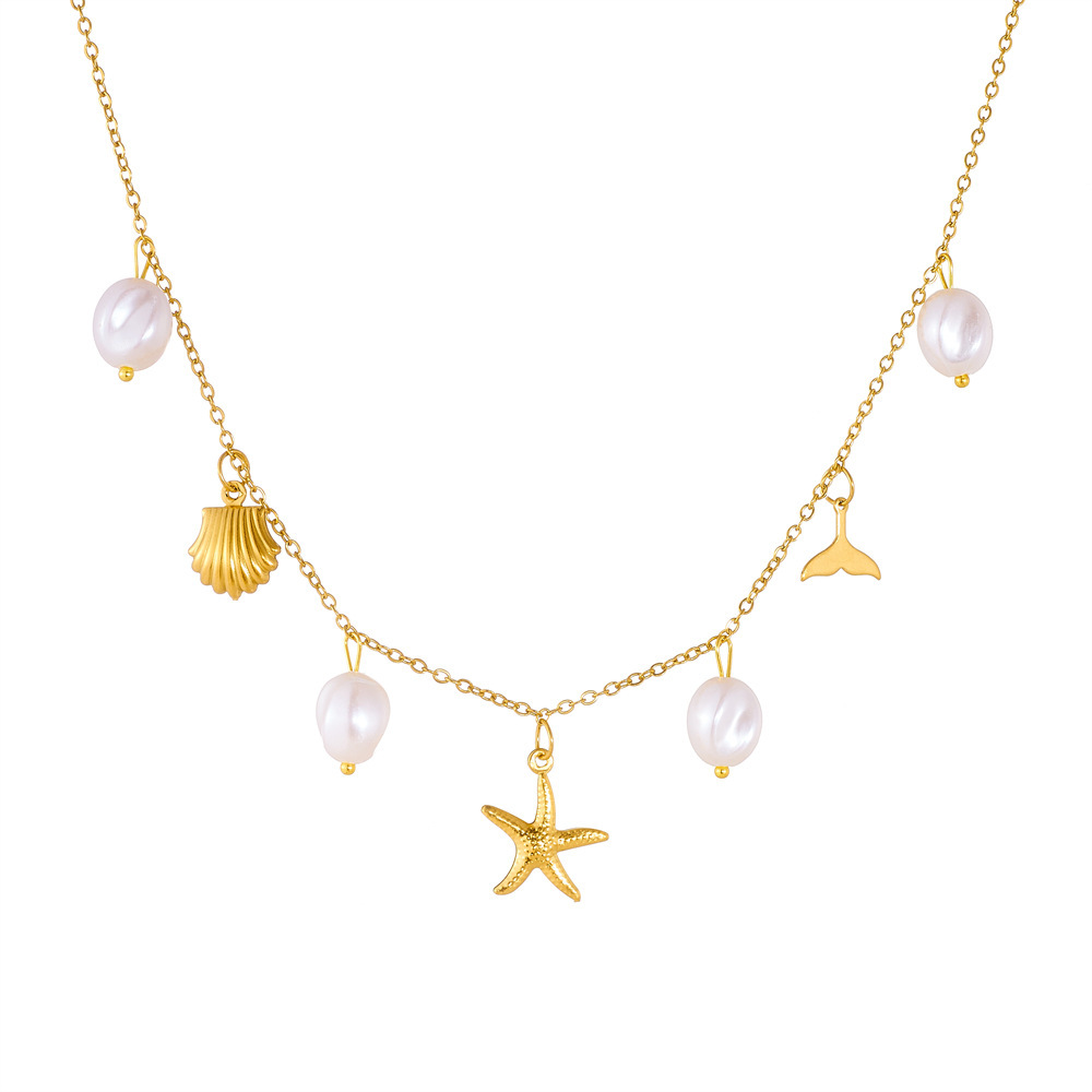 Fashionable, cross-border, simple, versatile, irregular pearl pendant, gold-plated starfish tail shell pendant, stainless steel necklace.