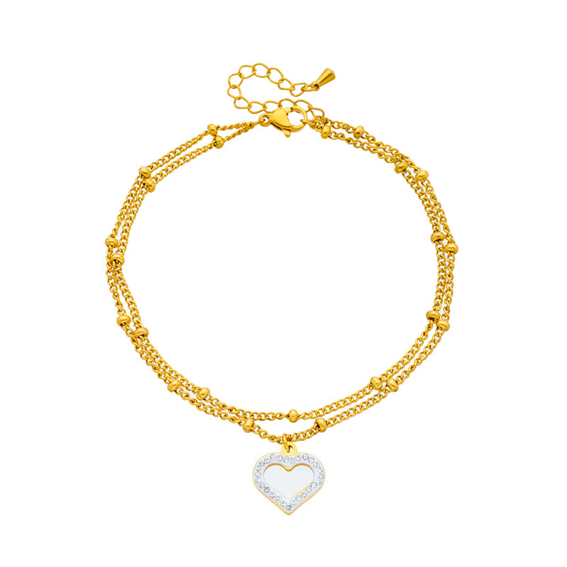 Korean style, fashionable, simple beach-inspired metal beaded double-layer chain with diamond-encrusted heart pendant, titanium steel anklet.