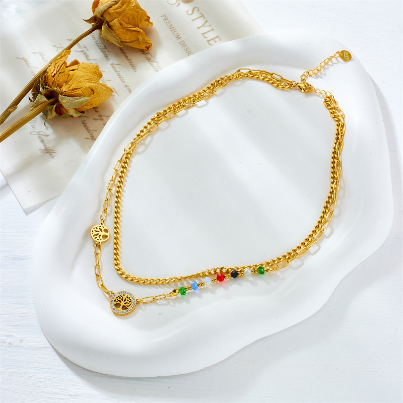 European and American fashion niche design irregular retro colorful beaded tree of life pendant accessories titanium steel double layer necklace