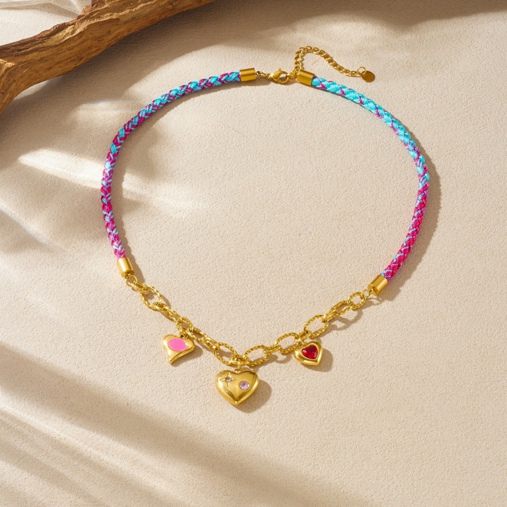 Cross-border fashion trendy sweet and cool pink and blue gradient hand-woven rope gold-plated chain diamond-encrusted heart-shaped necklace
