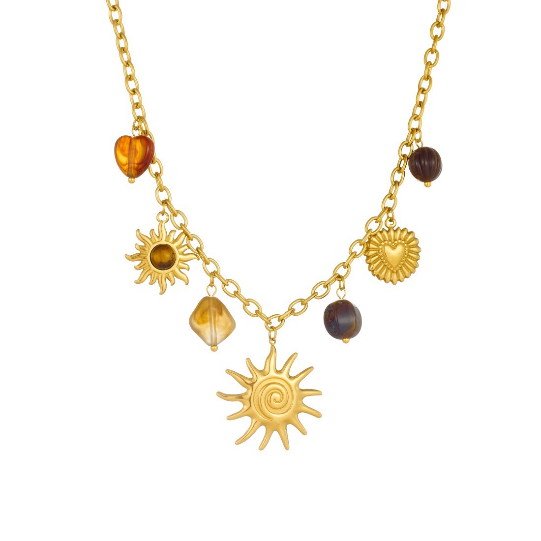 European and American cross-border fashion retro gold-plated simulated tiger's eye stone accessories round plaque relief heart pendant necklace