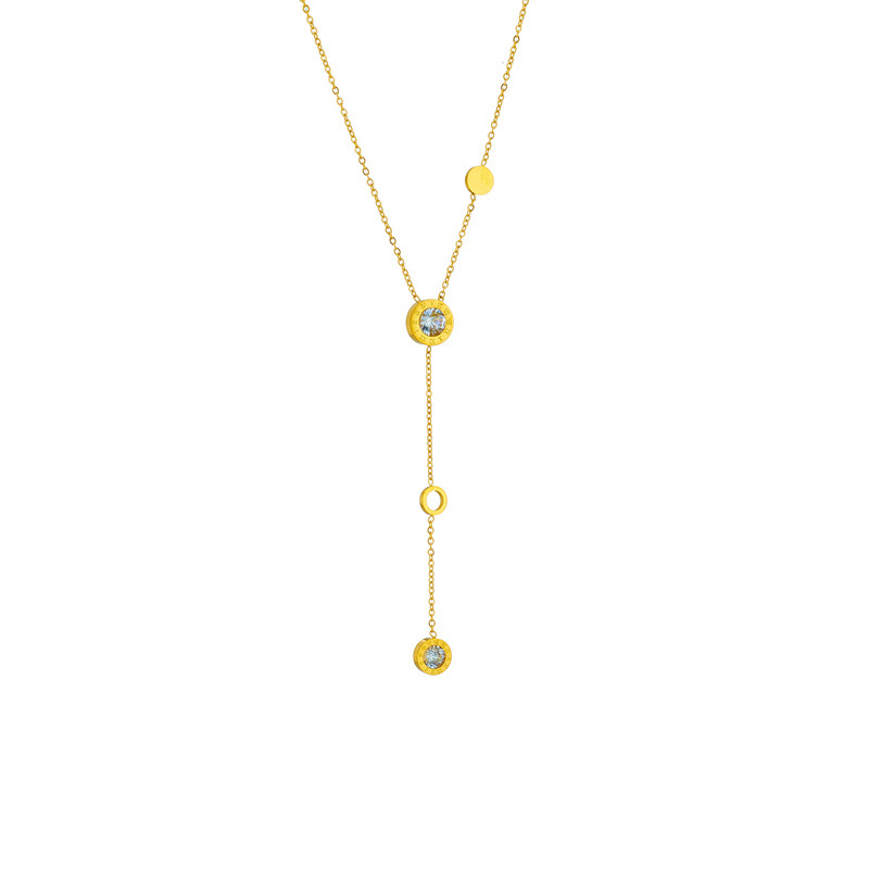 Korean style, simple and fashionable long tassel rhinestone circle chain necklace, titanium steel, versatile metal jewelry, clavicle chain.